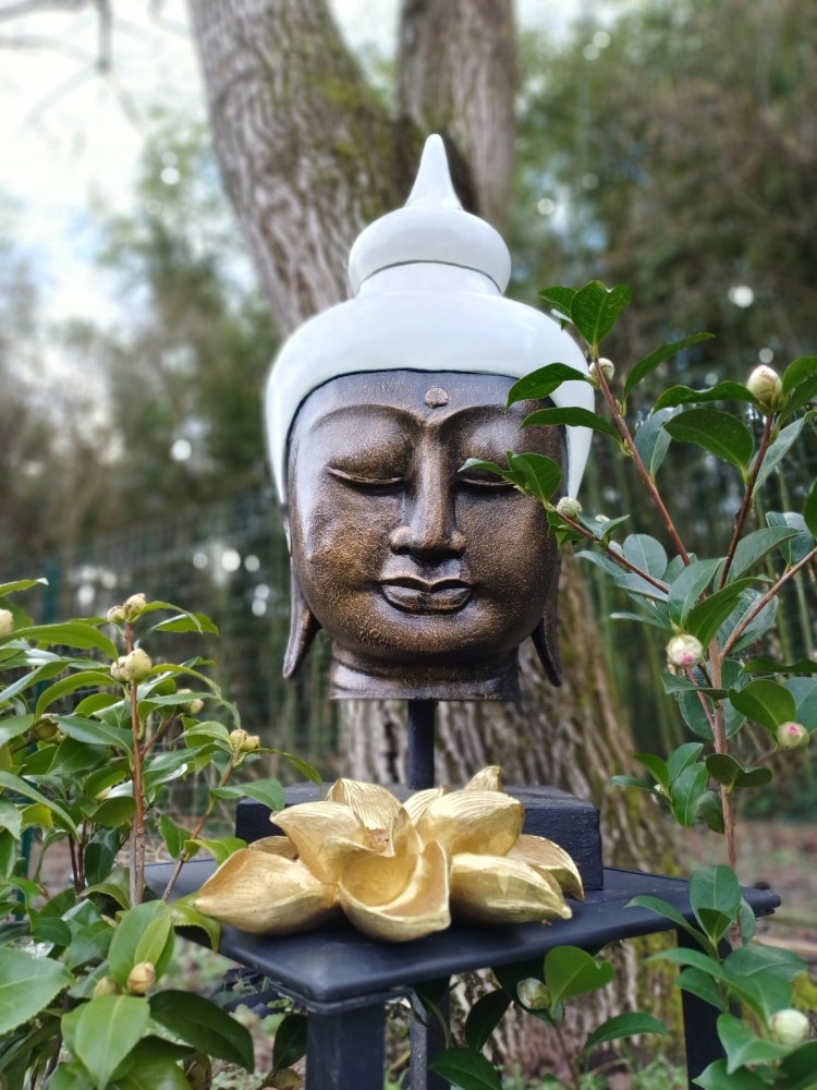 Close-up of a Buddha head statue with a white top and a gold lotus ornament, surrounded by green leaves and buds in a garden setting.