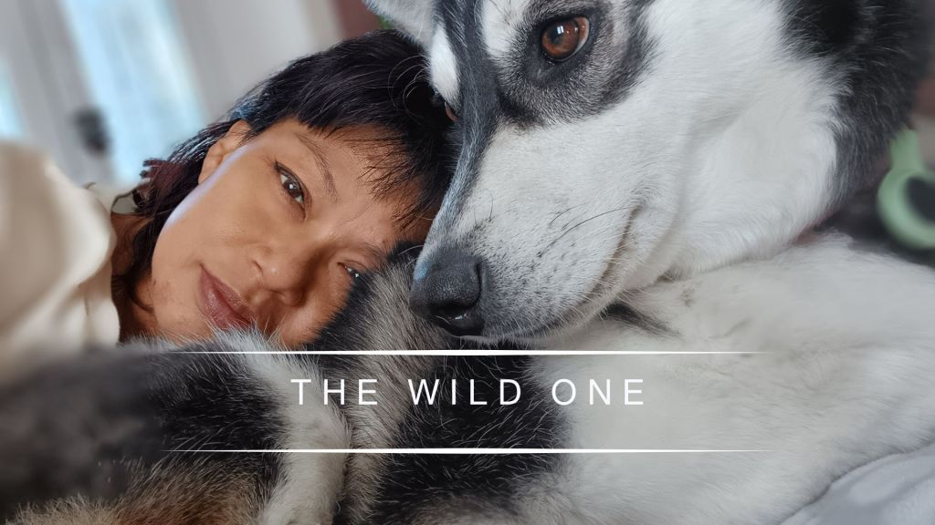 Genevieve Cheung resting her face gently against her husky dog, both lying close together in a quiet moment of trust and intimacy.