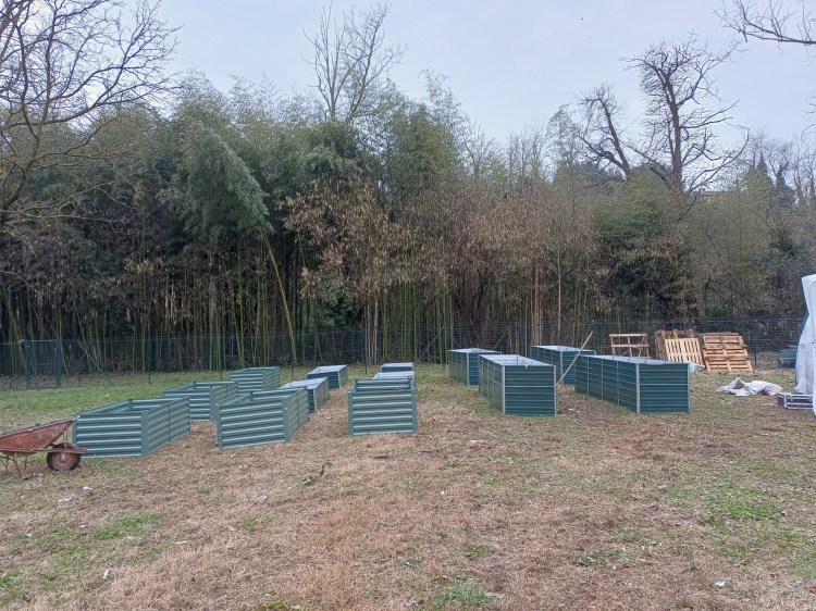 Raised garden beds being prepared at Genevieve Grove homestead near Vinci in the Tuscan countryside.