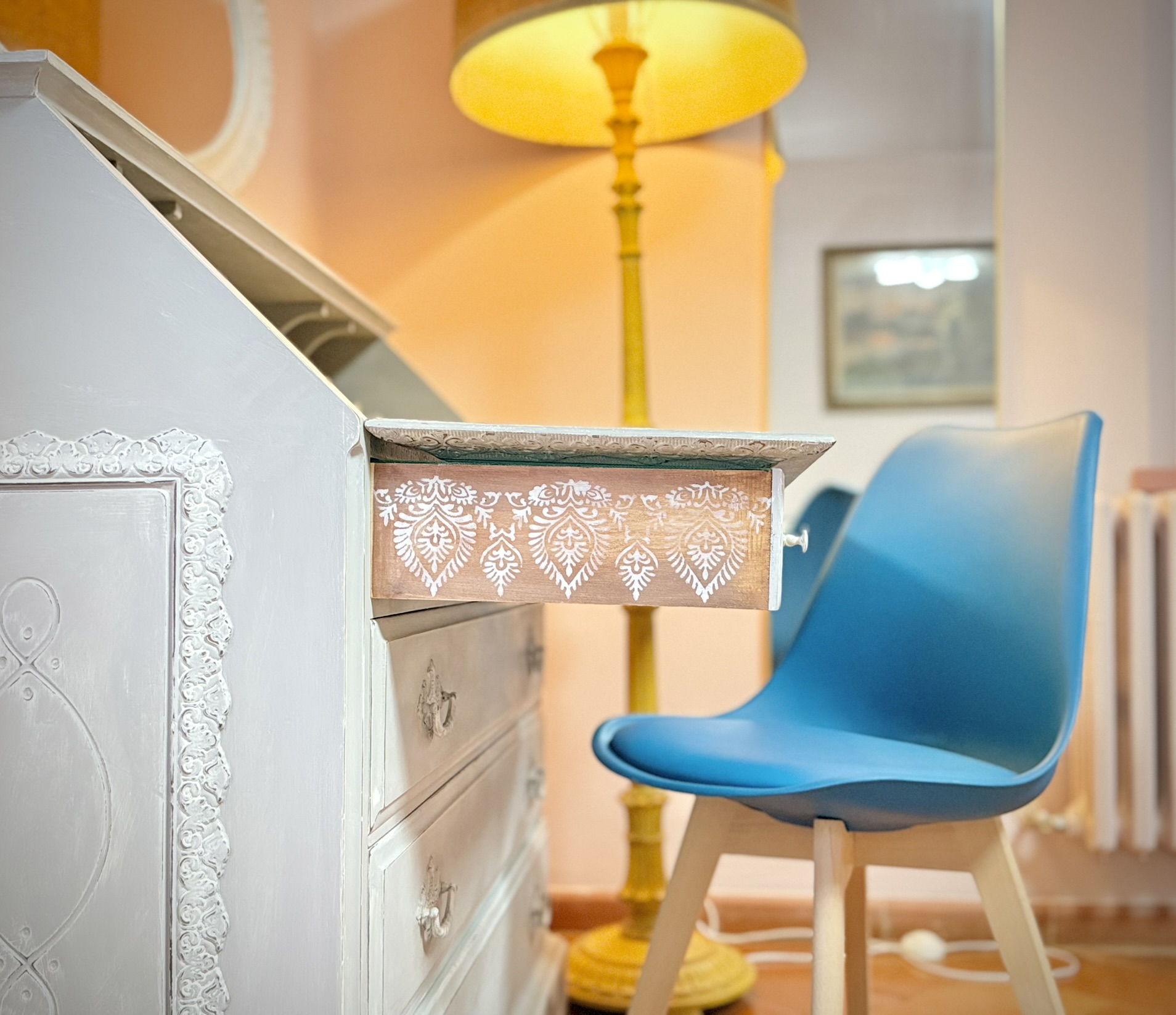 Elegant writing desk in La Rosa Room at Genevieve Grove, a bed and breakfast in Vinci, Tuscany.